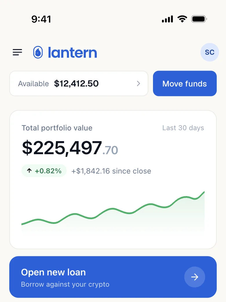 The Lantern dashboard on a phone: available cash, portfolio value and a shortcut to open a new loan