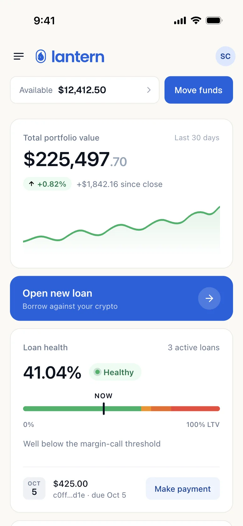 The same dashboard on a phone: available cash, portfolio value, a shortcut to open a new loan and loan health